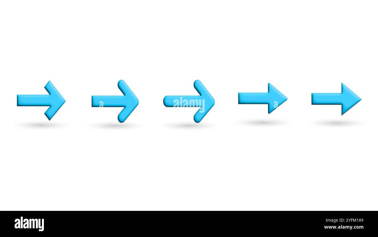 A row of five light blue arrows pointing towards the right. - Stock Image