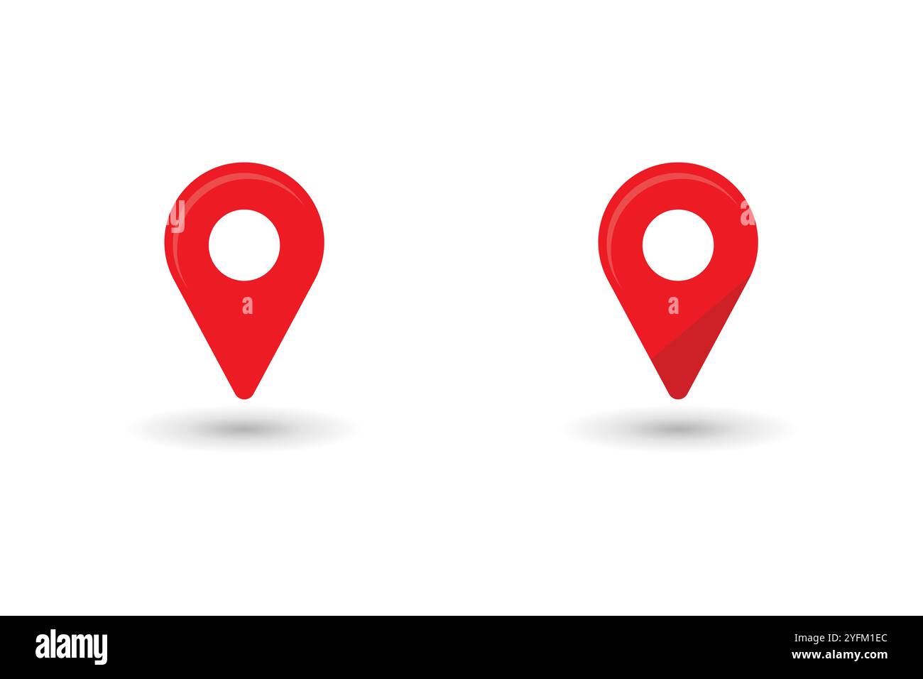Two bright red map pin icons with white circles in the center casting subtle shadows on a clean white background representing location and navigation - Stock Image