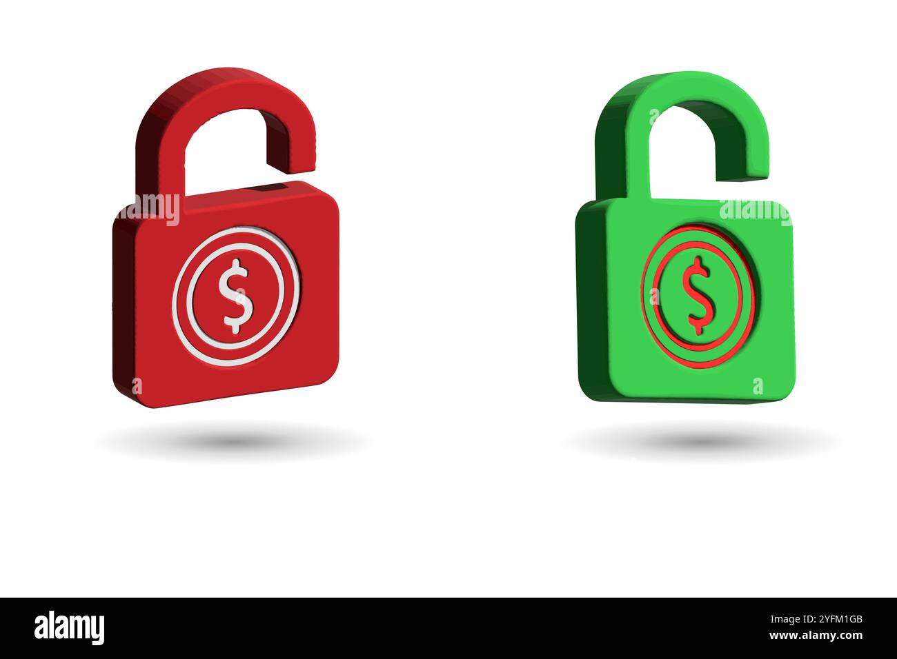 Financial security and access a red locked padlock with a dollar sign and a green unlocked padlock with a dollar sign. - Stock Image