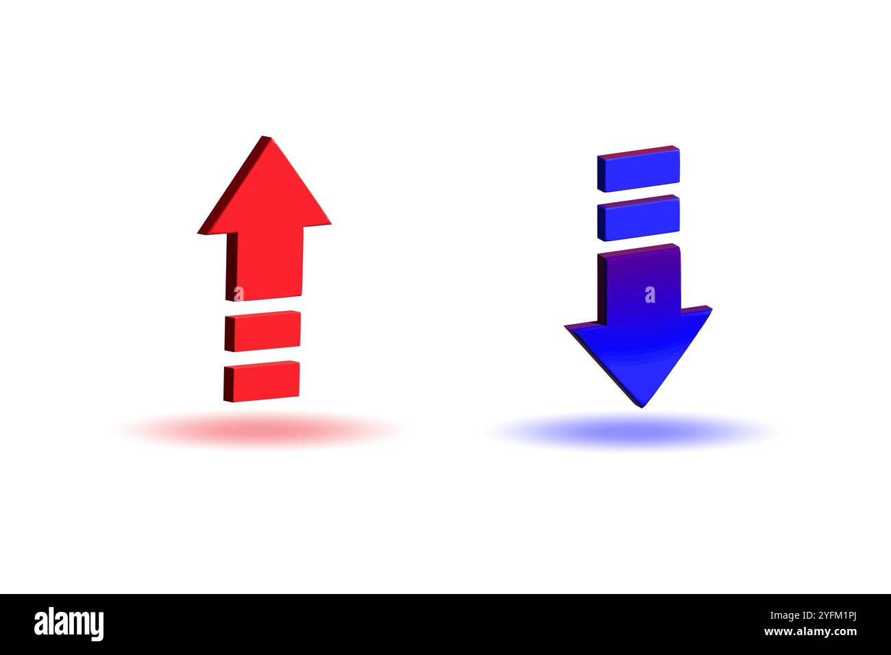 Red up arrow and blue down arrow icons representing opposite directions and contrasting concepts on a white background - Stock Image
