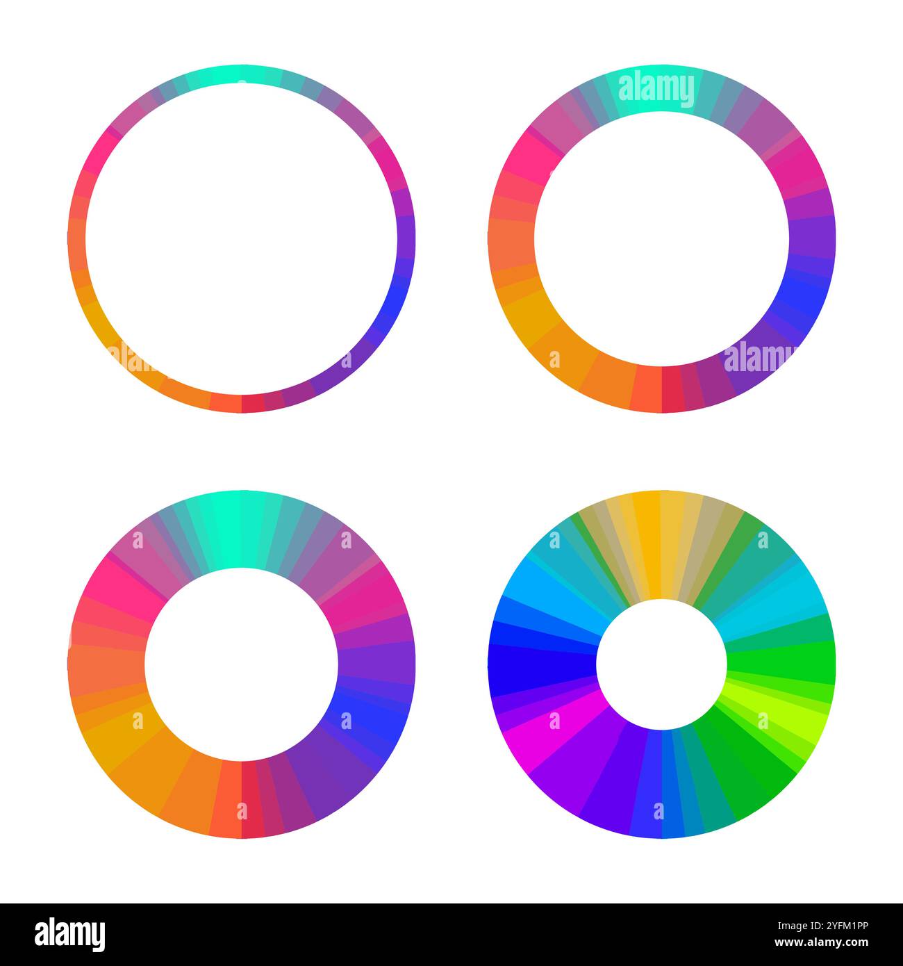 Four colorful circular gradient designs with a spectrum of vibrant hues arranged in concentric rings and segmented wheels on a white background - Stock Image