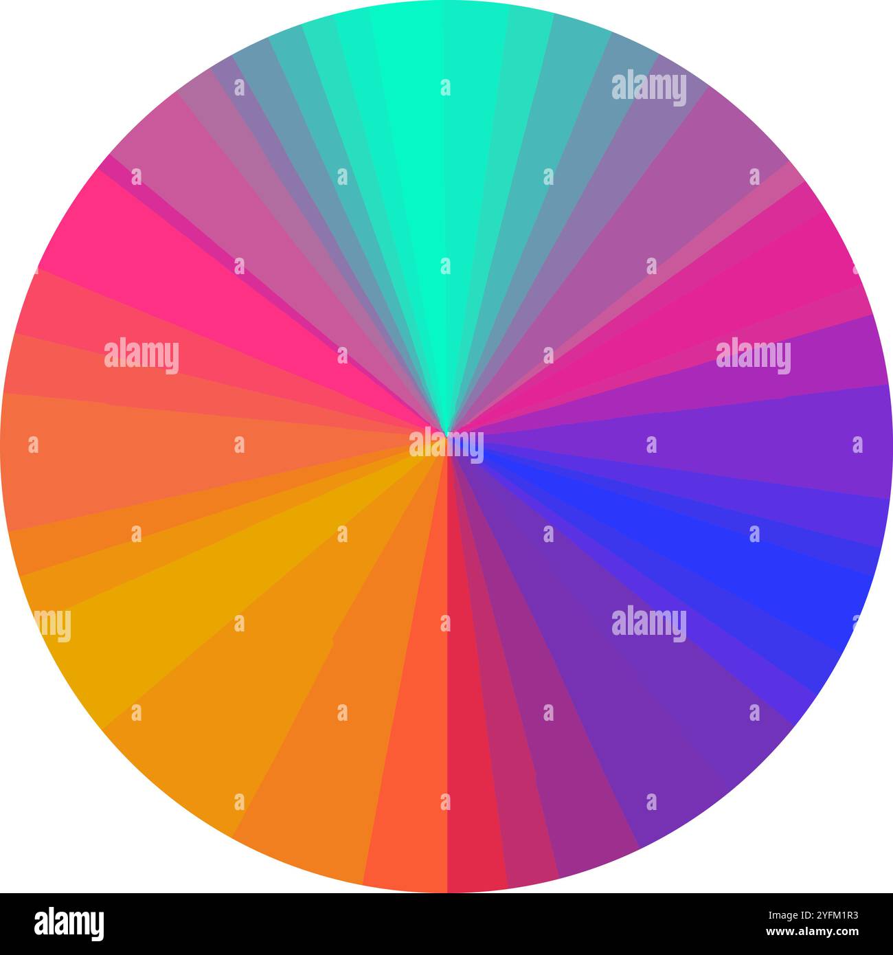 Vibrant radial gradient circle with a spectrum of bright colors transitioning smoothly from pink and orange to blue and green - Stock Image