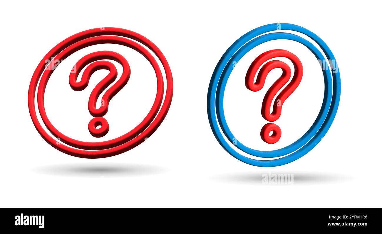 Two stylized question marks one in a red circle and the other in a blue circle representing inquiry and choice - Stock Image