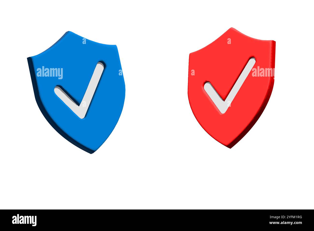 Two shield icons one blue and one red both displaying checkmarks. - Stock Image