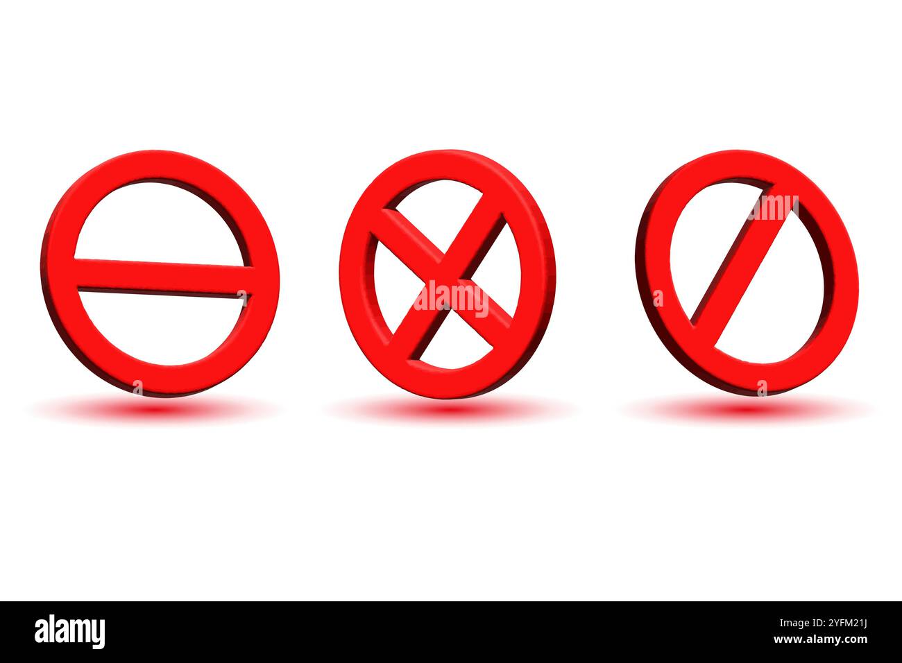 Red prohibition signs with different crossbar and slash orientations symbolizing restrictions warnings and forbidden actions. - Stock Image