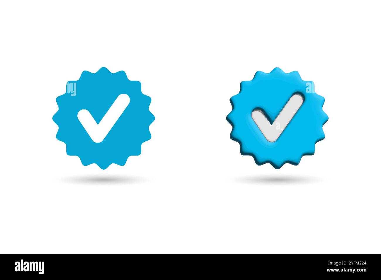 Two blue starburst shaped icons with white checkmarks inside. - Stock Image
