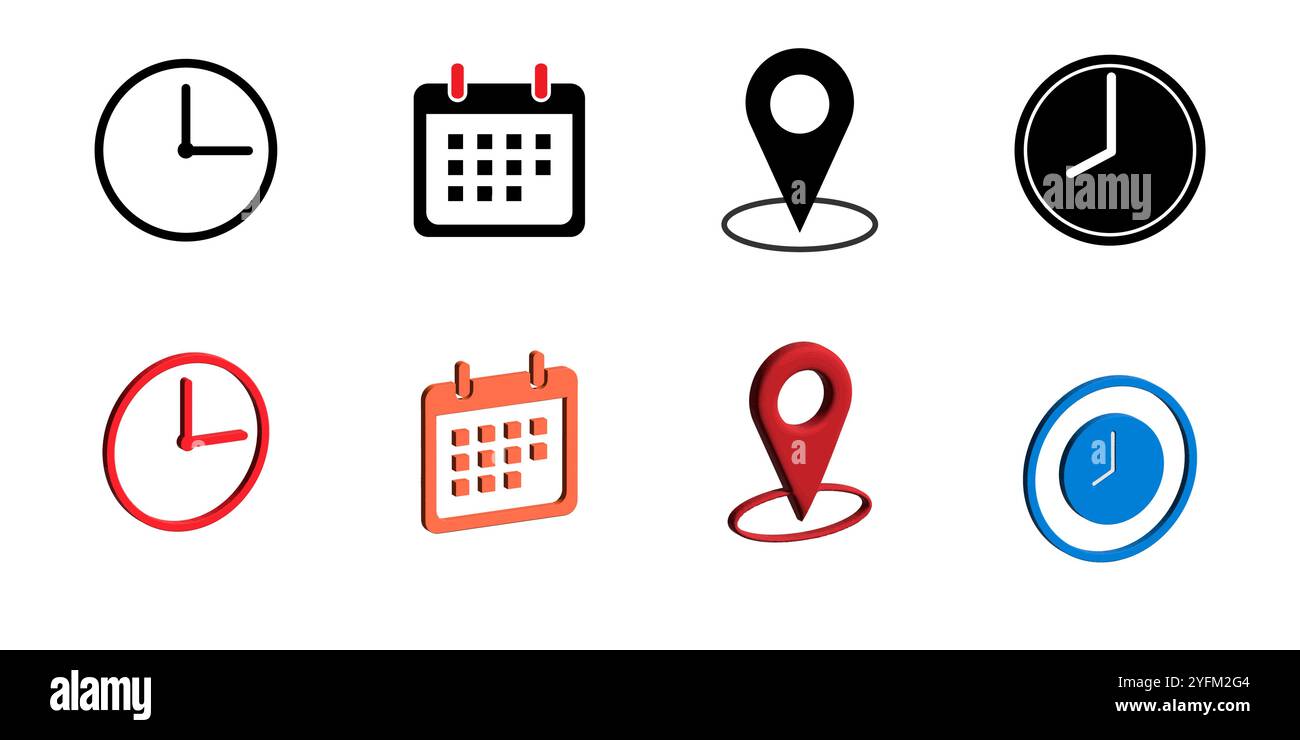Time, Date, and Location Icon Set: Clock, Calendar, and Map Pin Vector. Stock Vector