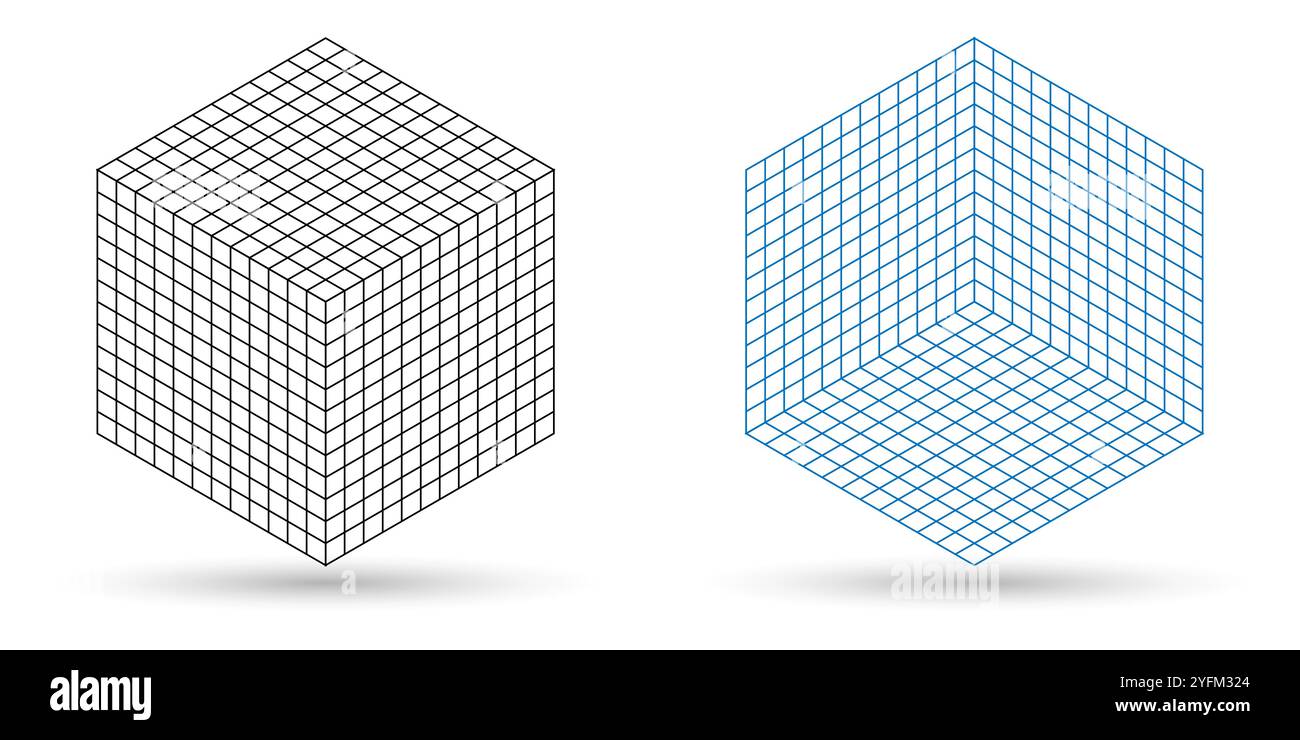 Isometric wireframe cubes side by side one in black and white. - Stock Image