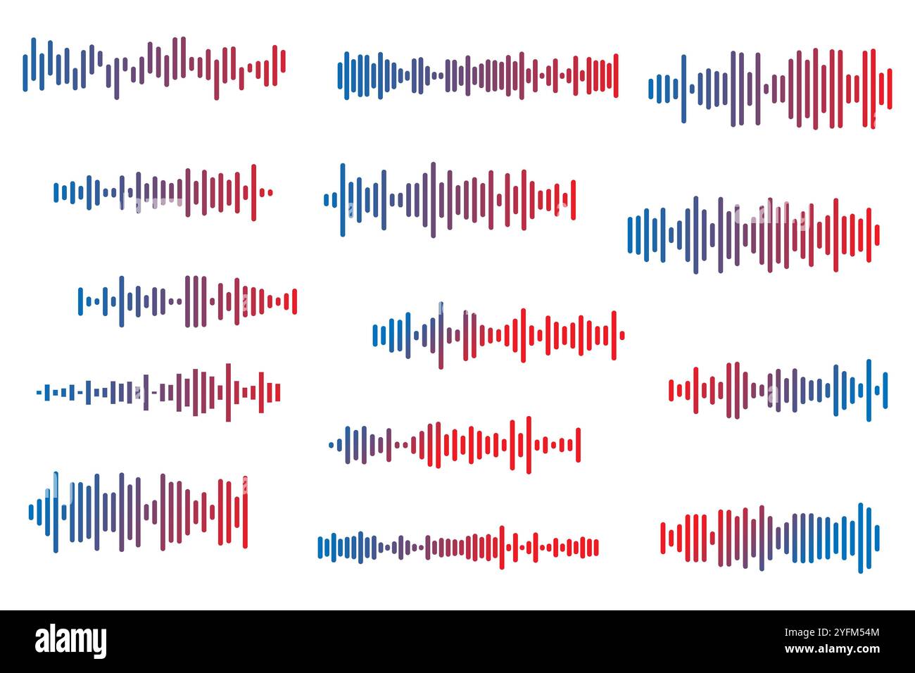 A collection of diverse audio waveforms, rendered in varying shades of red and blue. Stock Vector
