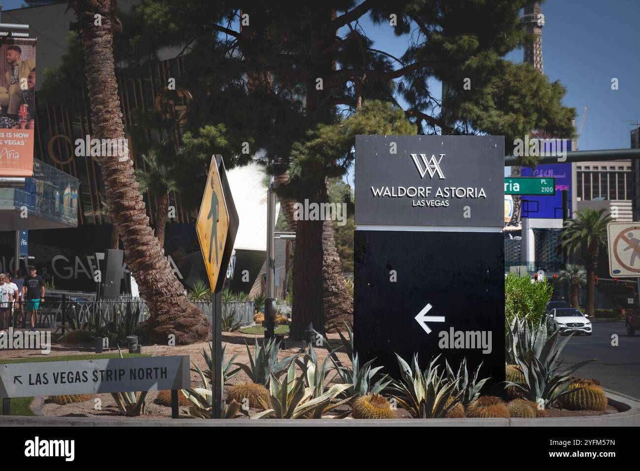 LAS VEGAS - AUGUST 19, 2024: logo of Waldorf Astoria Las Vegas in front of their luxurious hotel building. Part of Hilton Waldorf Astoria group, it's Stock Photo