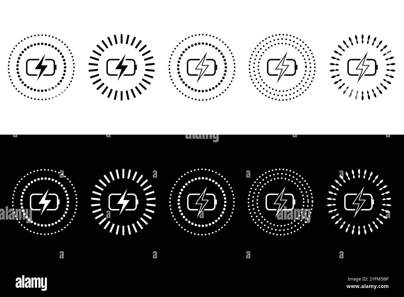 Charging Icons in Black and White with Dotted Backgrounds. Stock Vector