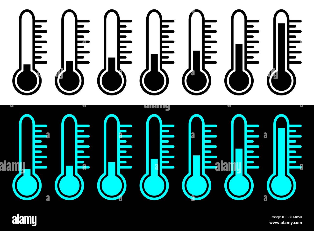 Set of Thermometer Icons Showing Various Temperatures. Stock Vector