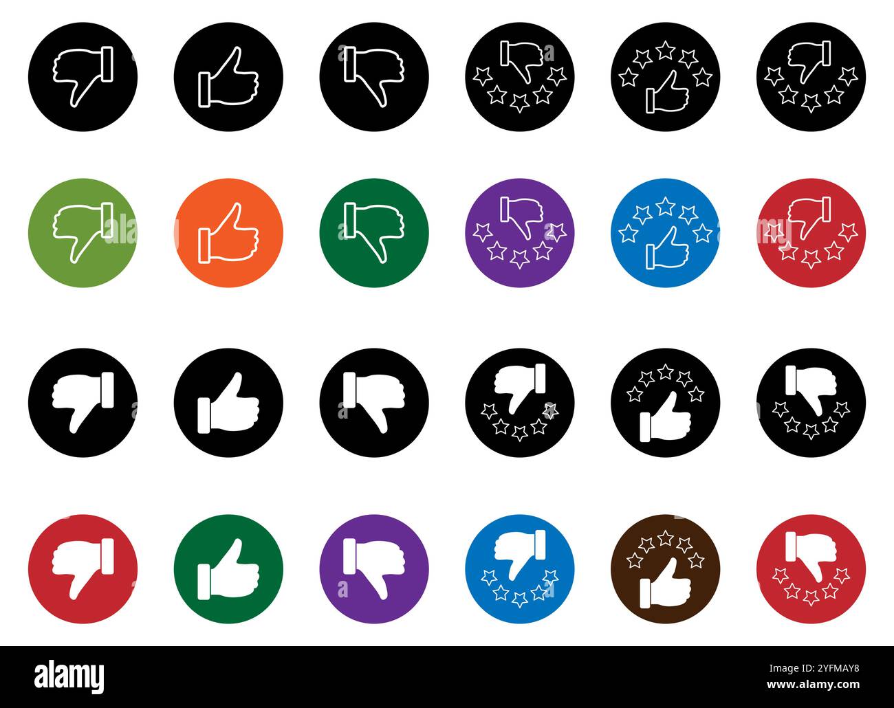 A collection of diverse rating icons, combining thumbs up and down with star ratings. Stock Vector