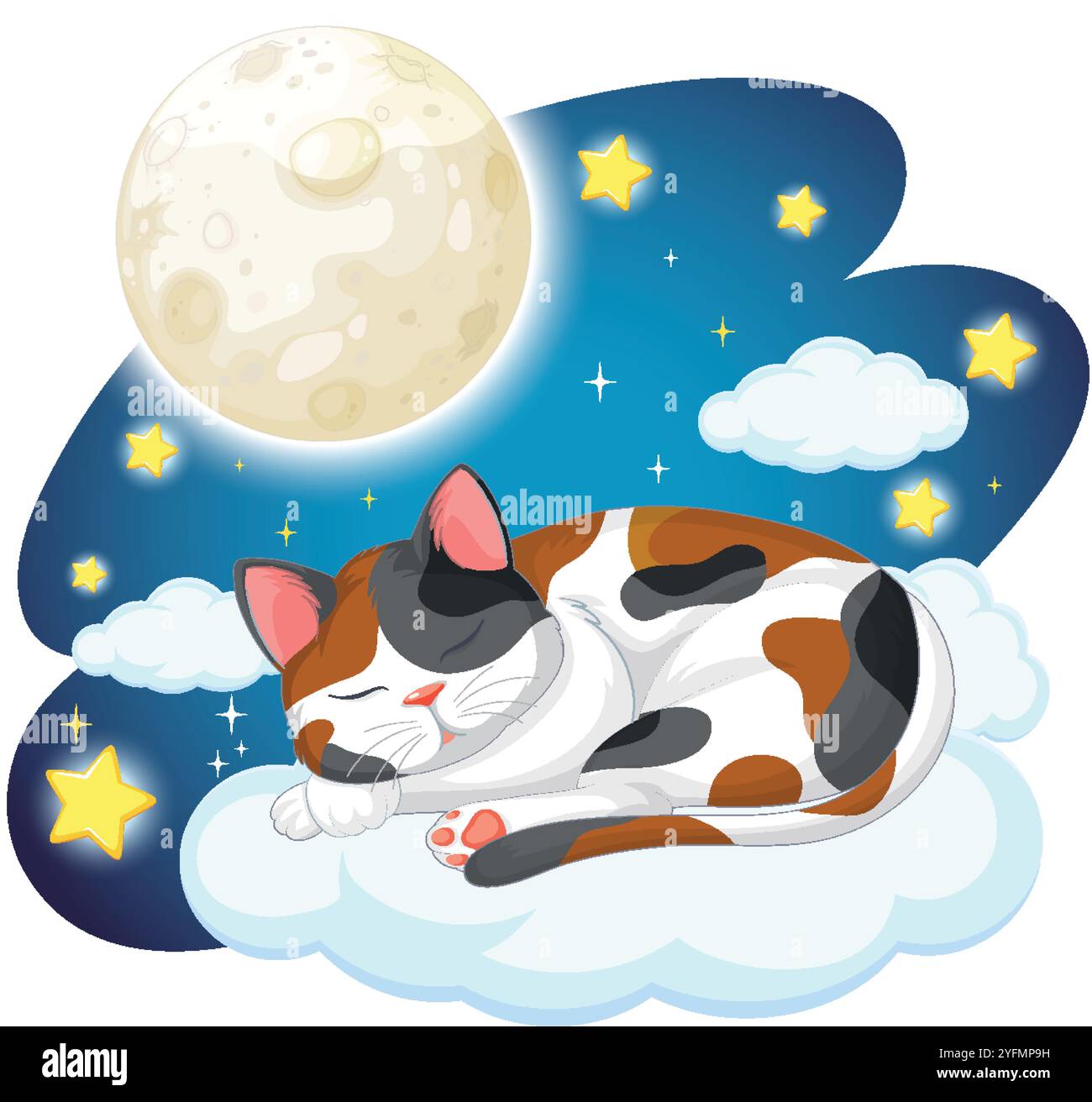 A cat sleeps peacefully on a fluffy cloud Stock Vector