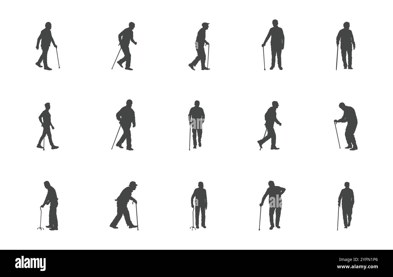 Old man with cane silhouette, Old man with stick vectors, Old man with a stick silhouette, Old man silhouette Stock Vector