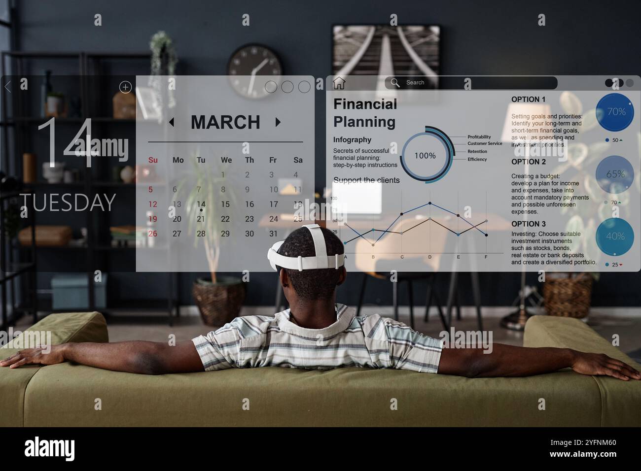 Man In VR Headset Using Planning App Stock Photo