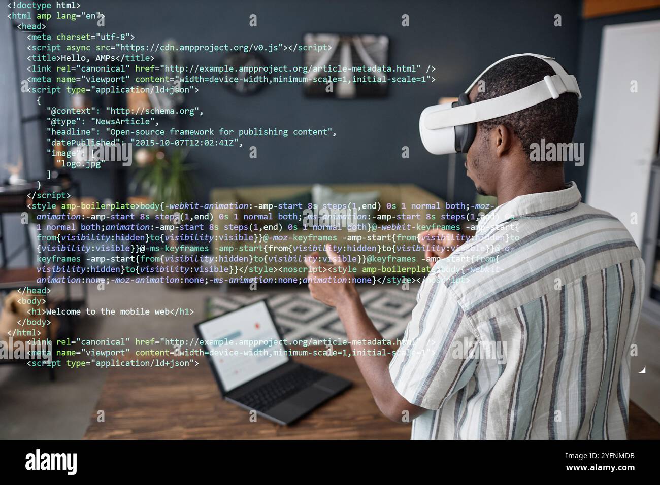 Black Man Using VR Headset For Work Stock Photo