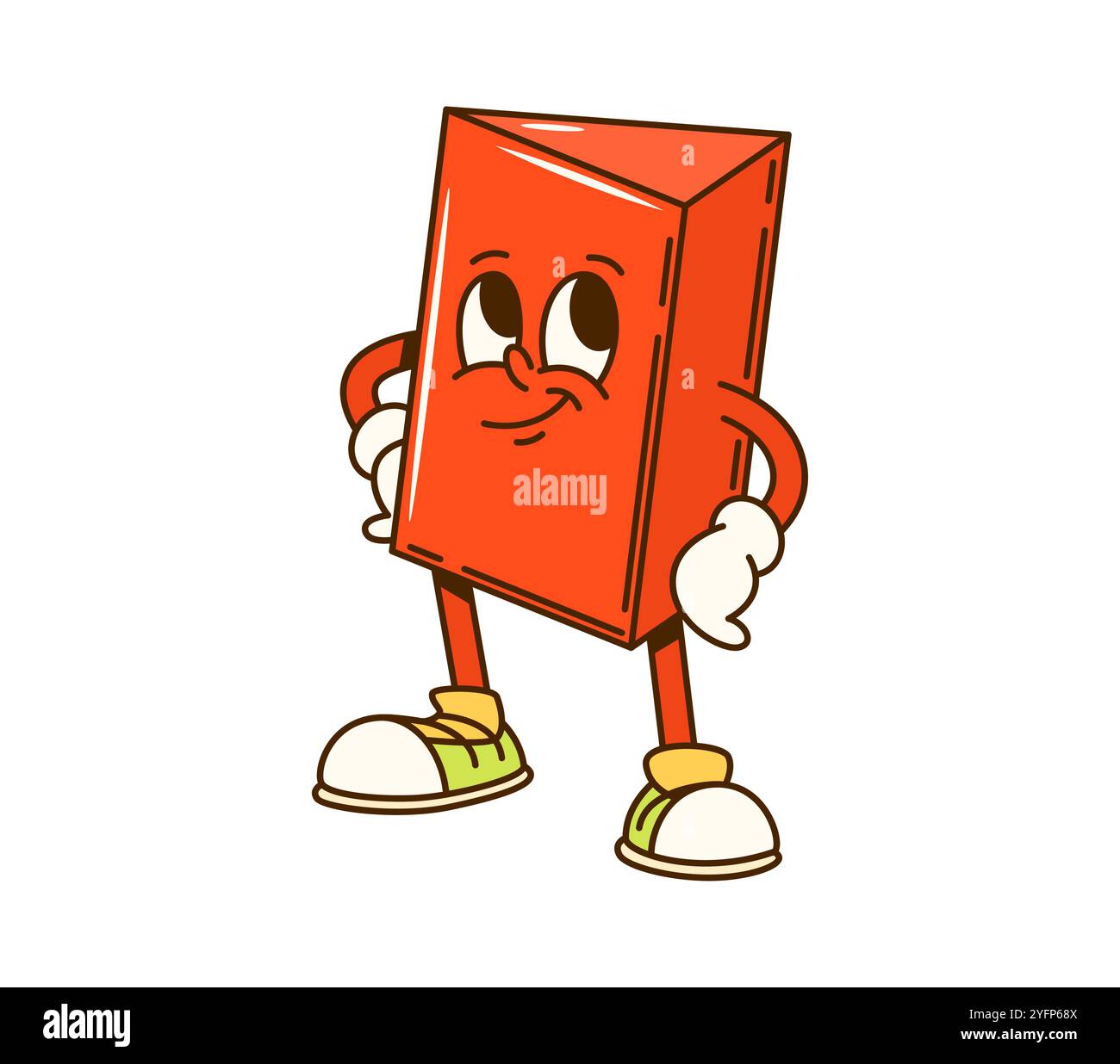 Groovy triangular prism math geometric figure character. Isolated cartoon vector playful, red volumetric triangle personage standing in confident pose and showing funky vibe and mischievous expression Stock Vector
