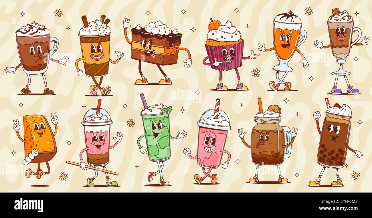 Retro groovy dessert characters. Cartoon vector set of food and drink ...