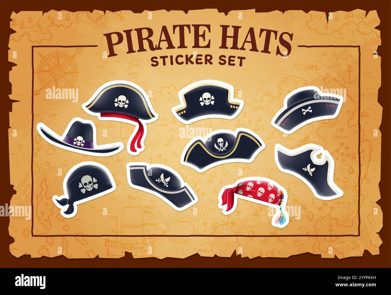 Cartoon pirate tricorn hat and bandana stickers of corsair or captain ...
