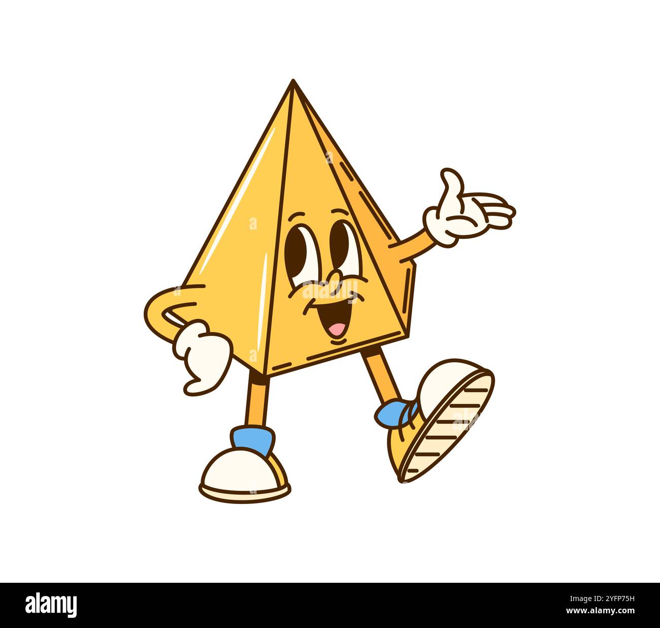 Cartoon groovy math geometric hexagonal pyramid figure character. Isolated vector playful educational shape personage in lively pose, wearing hippie sneakers and showing fun, mischievous expression Stock Vector