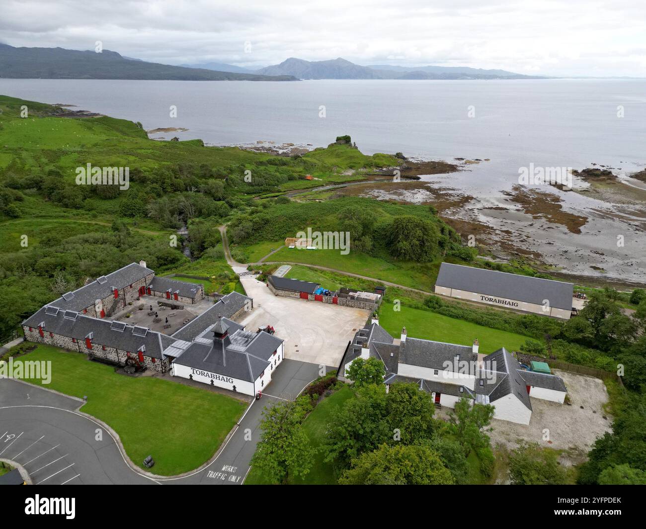Aerial drone view of the Torabhaig Distillery, Isle of Skye, Scotland, June 2024 Stock Photo