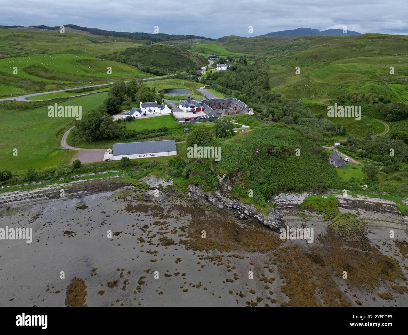 Aerial drone view of the Torabhaig Distillery, Isle of Skye, Scotland, June 2024 Stock Photo