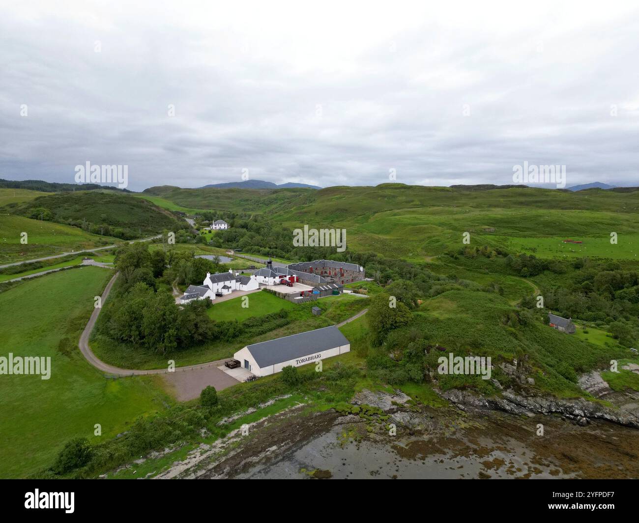 Aerial drone view of the Torabhaig Distillery, Isle of Skye, Scotland, June 2024 Stock Photo