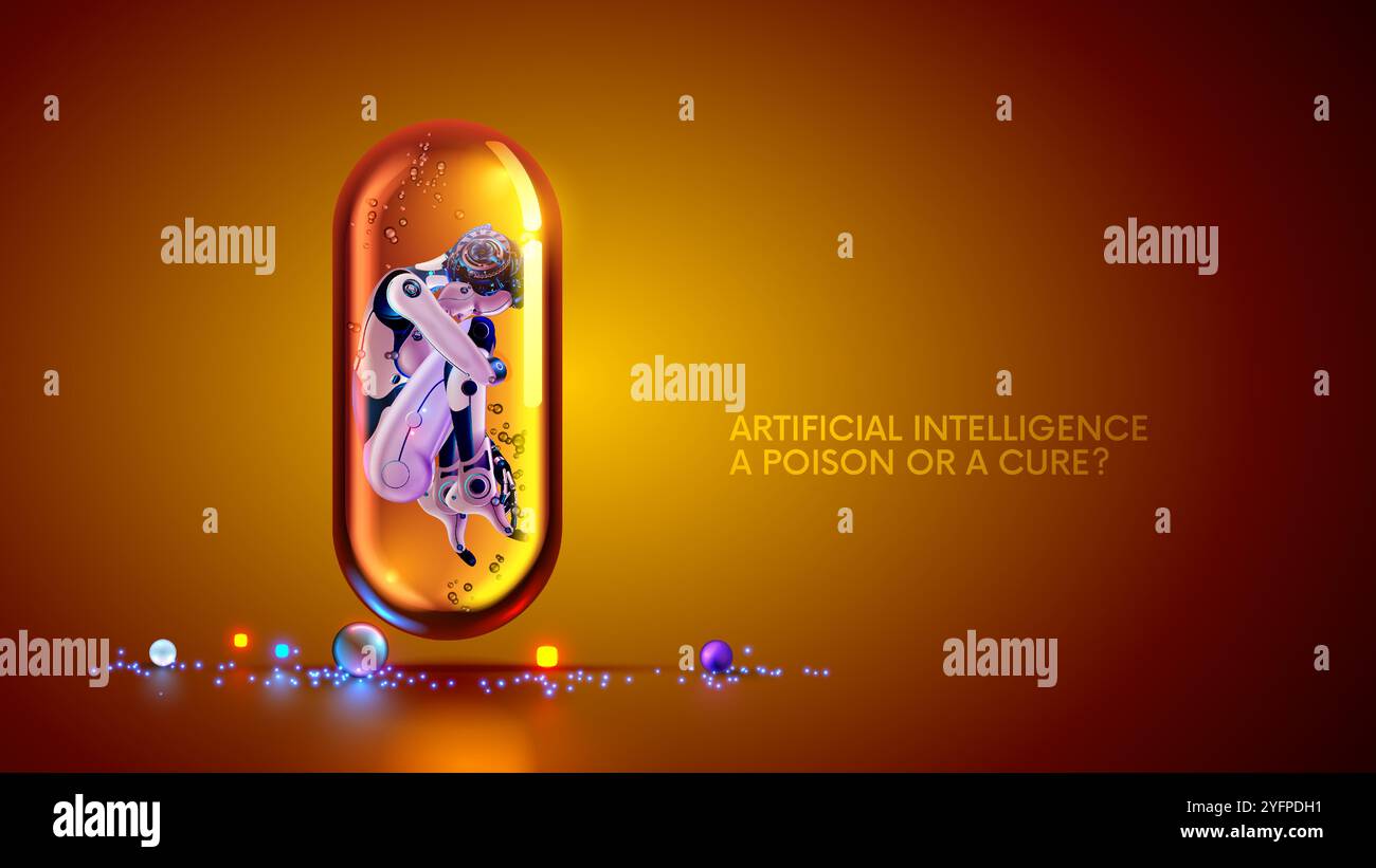 AI robot inside glass capsule of medicine. Artificial intelligence or AI in image of female robot in position of an embryo in pill. Artificial intelli Stock Vector