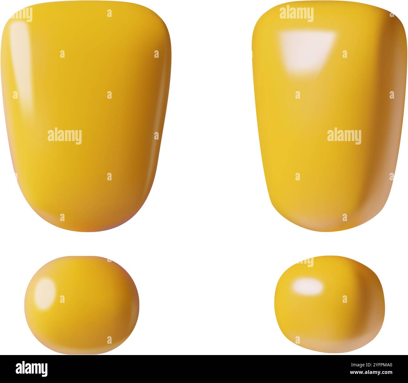 3d yellow exclamation marks three dimensional realistic plastic vector elements isolated on white Stock Vector