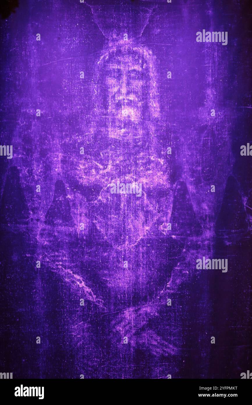 Lent and Holy Week. Sacred image covered with purple fabric. Religious symbol of the passion of Christ. Holy Shroud.  Vienna. Austria. Stock Photo
