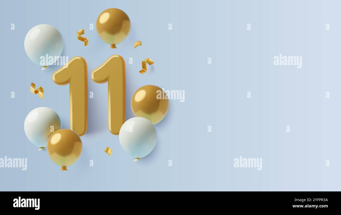 3D 11 number with balloon and confetti on blue background Eleven year ...