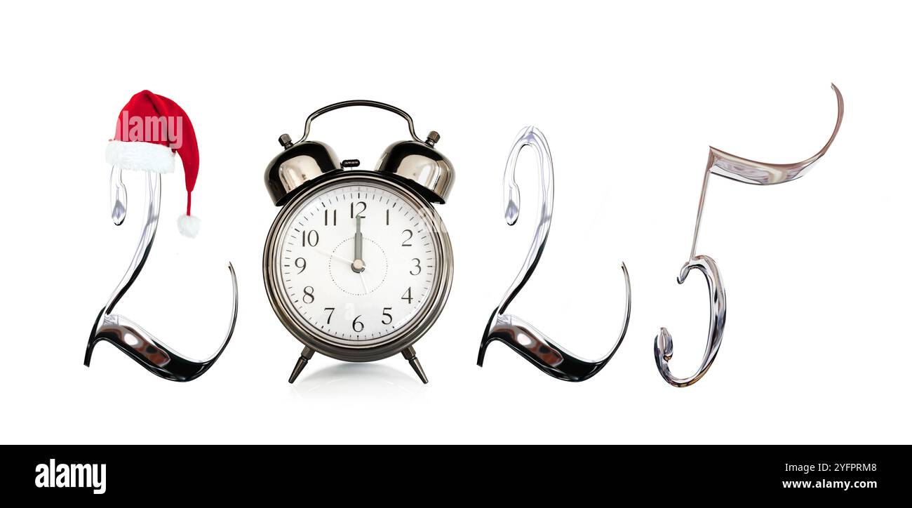 2025 3D numbers, old vintage alarm clock isolated on white background Stock Photo