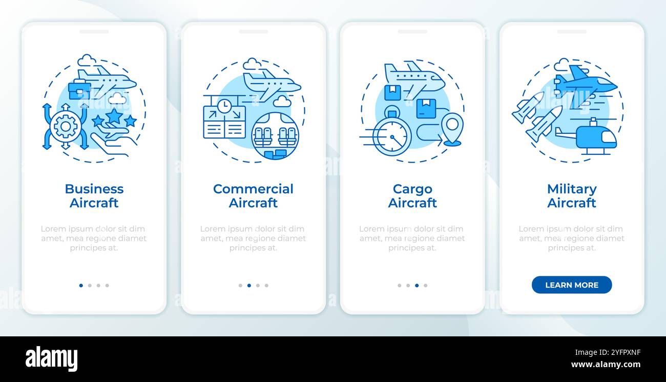 Aircraft categories types blue onboarding mobile app screen Stock Vector