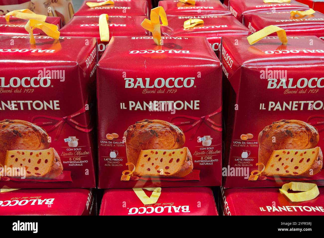 Balocco Panettone, italienischer Kuchen. Die Balocco SpA ist ein Lebensmittelunternehmen mit Sitz in Fossano, Italien. Es wurde 1927 gegründet und stellt eine Reihe von Biscuits und Keksen her *** Balocco Panettone, Italian cake Balocco SpA is a food company based in Fossano, Italy. It was founded in 1927 and produces a range of biscuits and cookies Stock Photo