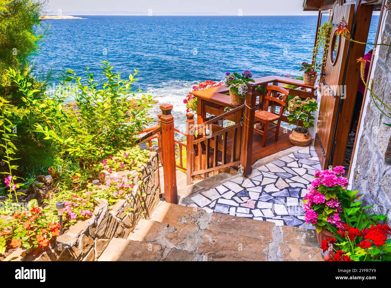 Sozopol, Bulgaria. Warm beautiful morning light on Black Sea coastline, Eastern Europe summer travel destination. Stock Photo