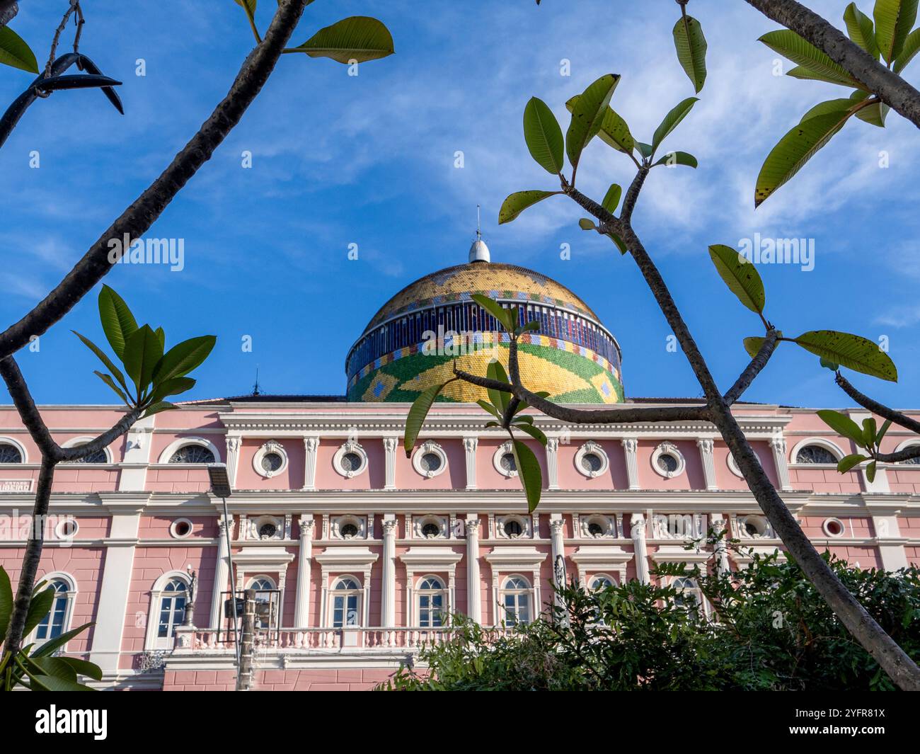 The dome of the famous opera house in Manaus. Mosaics show the Brazilian flag. Stock Photo