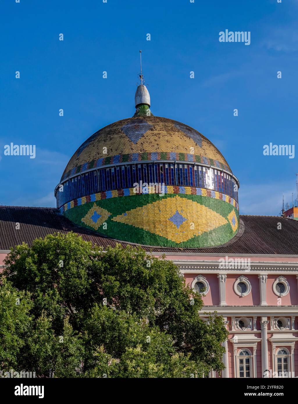 The dome of the famous opera house in Manaus. Mosaics show the Brazilian flag. Stock Photo