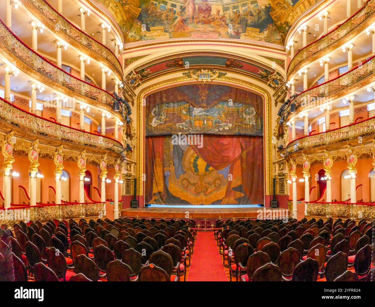 The stage of the famous opera house in Manaus. Part of the boxes can be seen to the left and right of the stage. Stock Photo