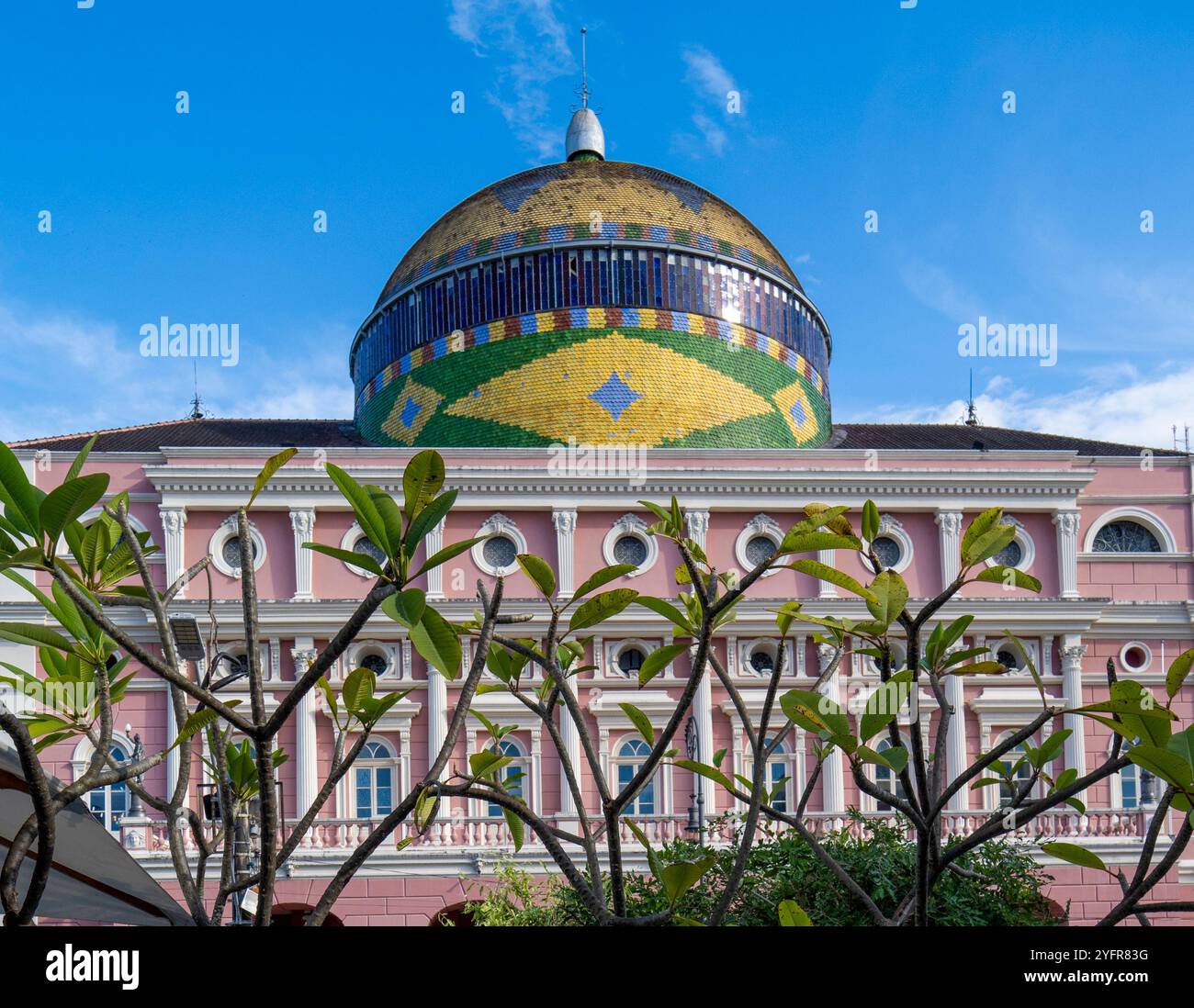 The dome of the famous opera house in Manaus. Mosaics show the Brazilian flag. Stock Photo