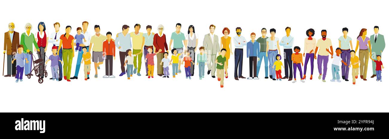 A large group of parents with children, isolated illustration Stock ...