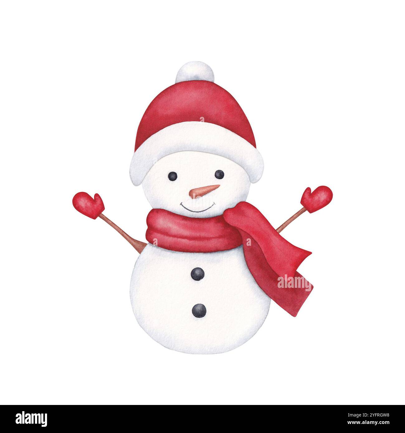 Cute snowman in a red hat and scarf. Watercolor hand-drawn illustration ...