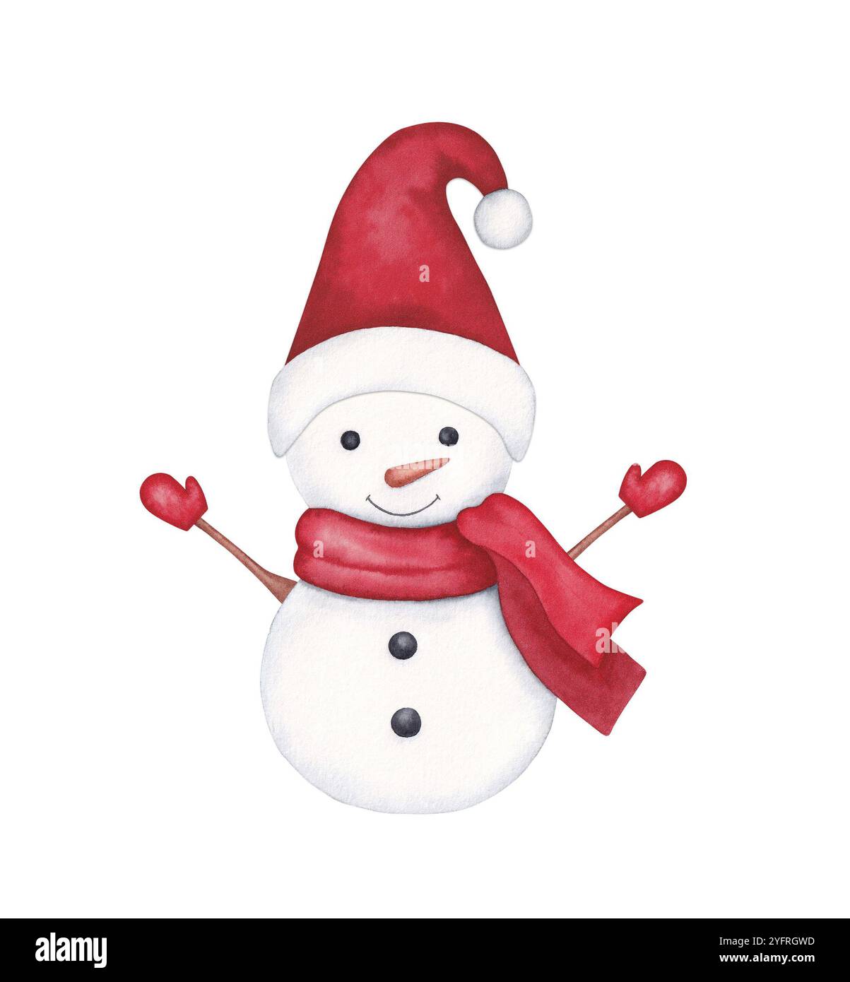 Watercolor snowman in a red hat and scarf. Hand drawn illustration ...