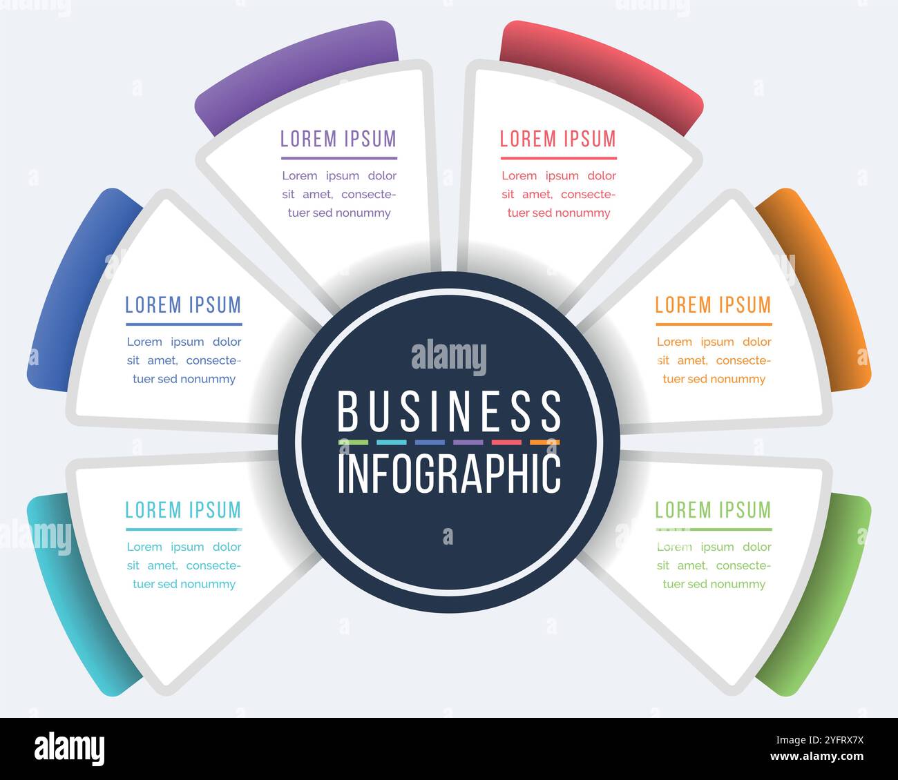 6 Steps Infographic business information 6 objects, steps, elements or options infographic circle design template Stock Vector