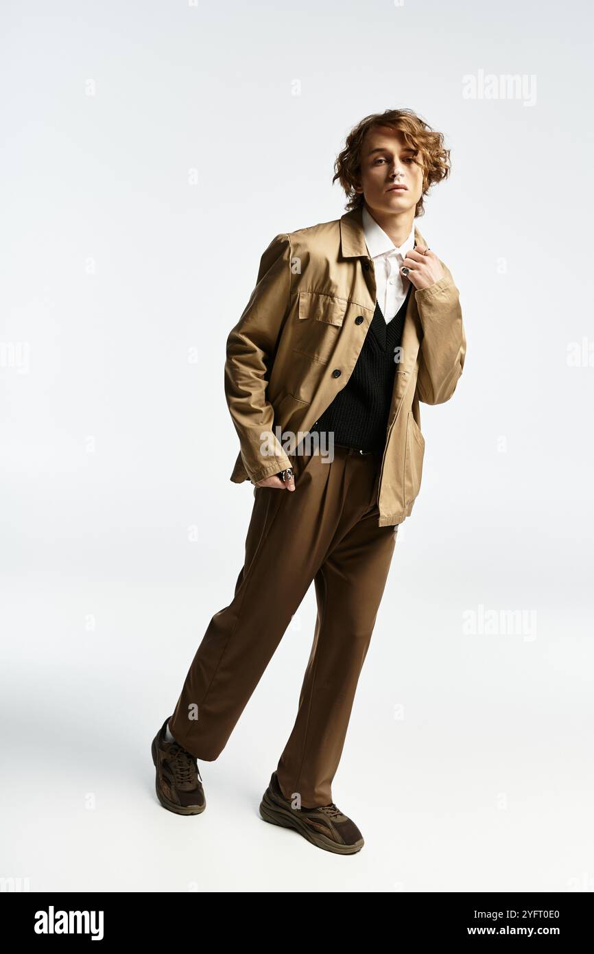 A handsome young man in a chic autumn outfit poses confidently in a ...