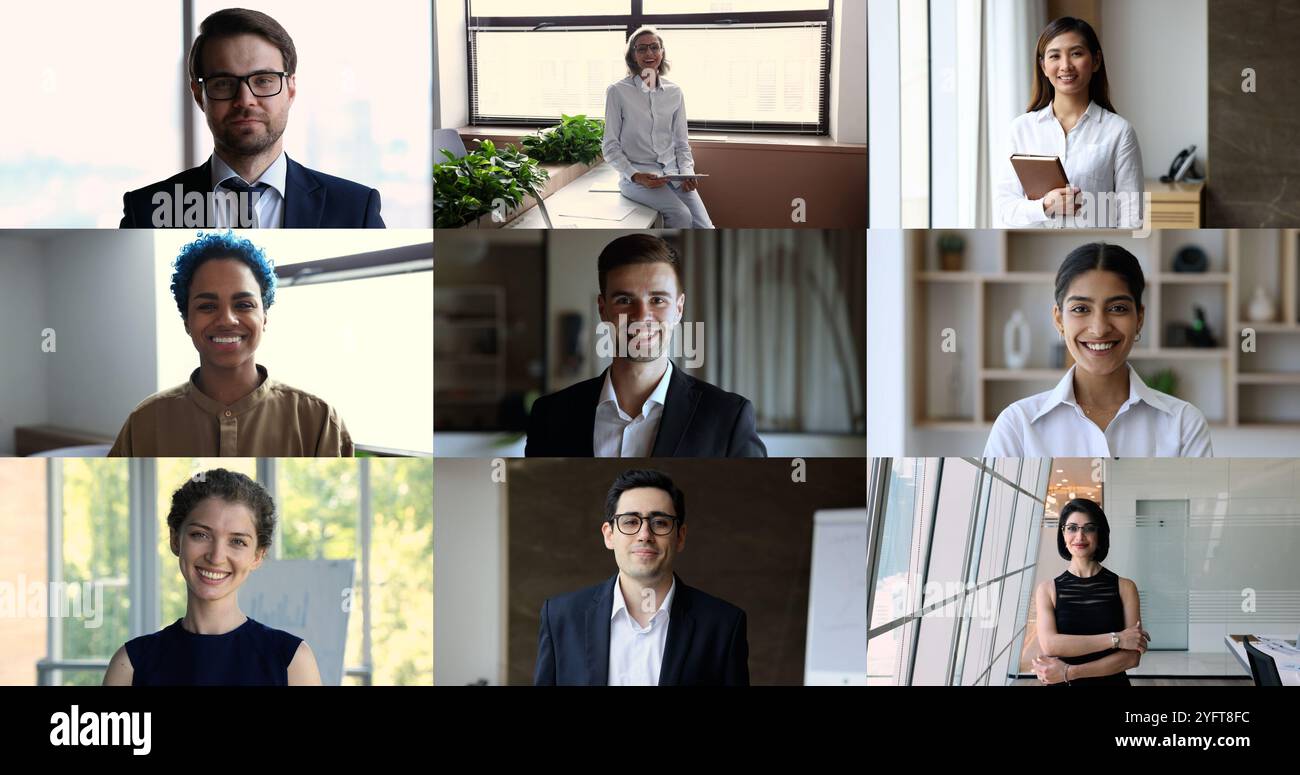Multiple happy young and aged businesspeople pose at workplace Stock ...