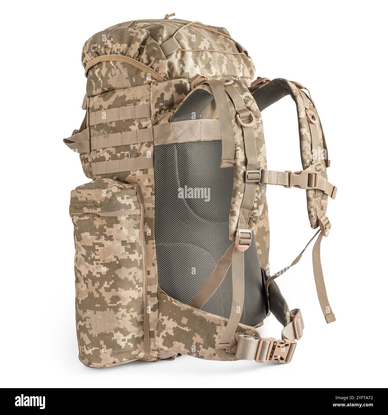 Military backpack in pixel camouflage. Tactical military ammunition ...