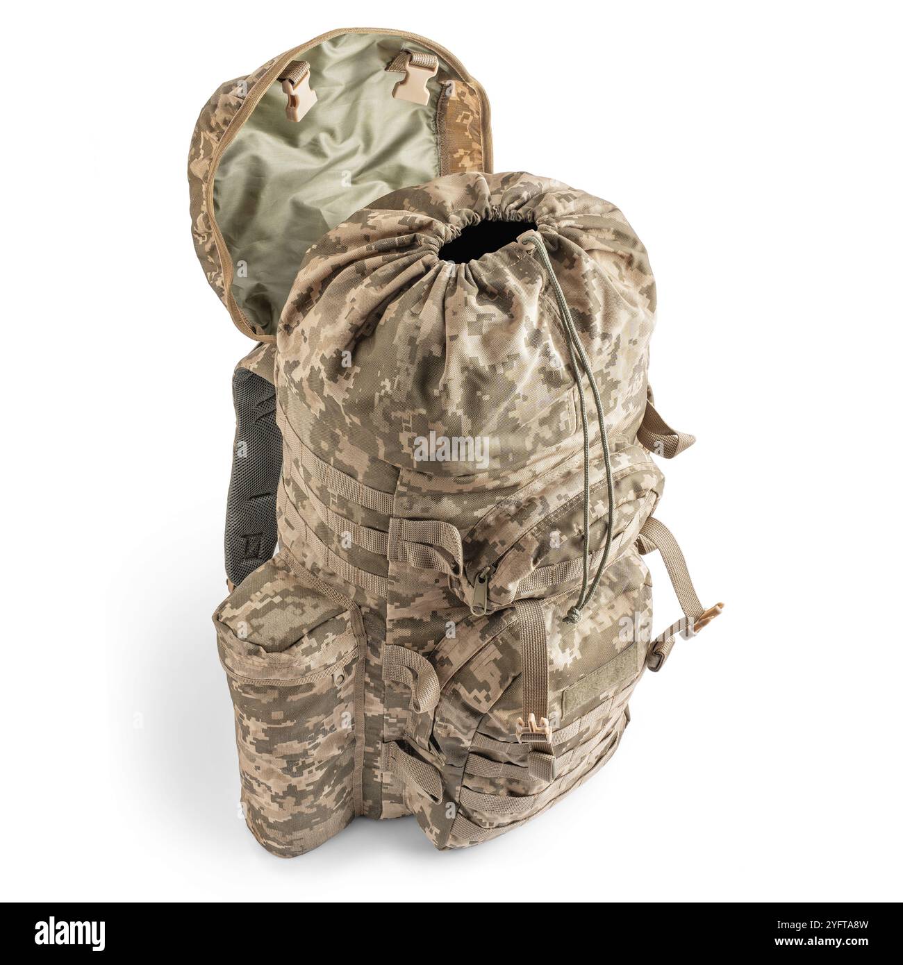 Military backpack in pixel camouflage. Tactical military ammunition ...