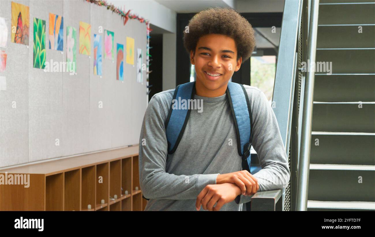 Portrait Of Smiling Male High School Student Standing By Stairs In ...