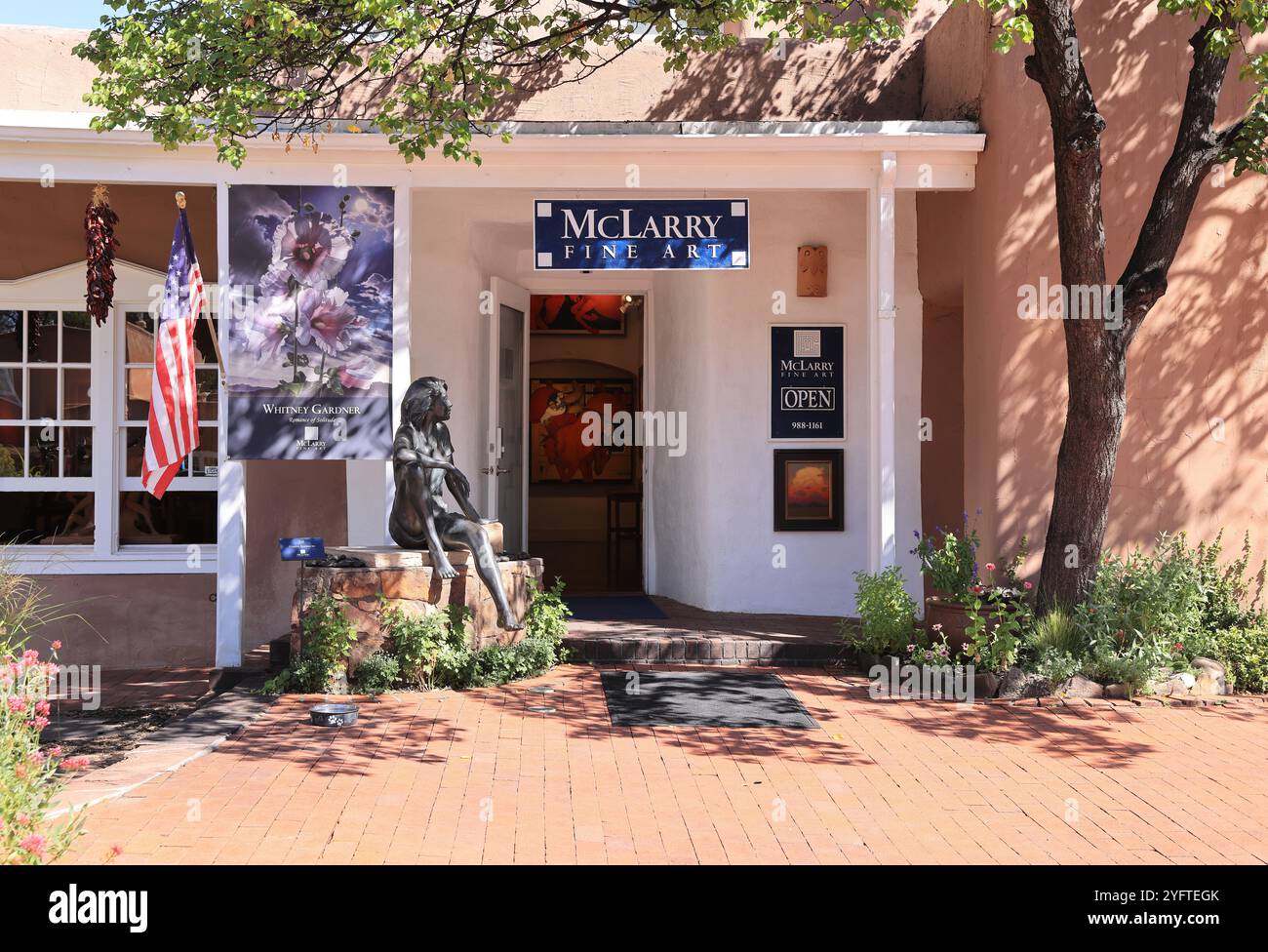 Canyon Road, Santa Fe, New Mexico, a street dedicated to the country's finest art, with over a 100 galleries, boutiques & restaurants in one half mile. Stock Photo